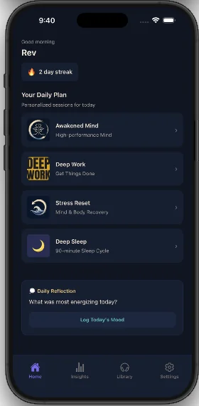 Awakened Mind app home screen showing daily audio programs